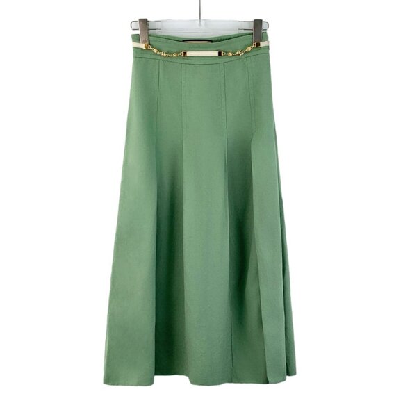 HW0079 Gucci Light Green Belt Buckle Line Casual Wrinkled Half-length Skirt Size - Picture 1 of 7